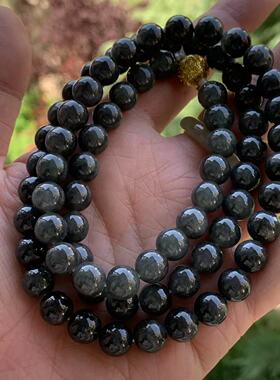缅甸天然A货翡翠项链老坑料黑色乌鸡翡翠圆珠项链8.9mm一物一证