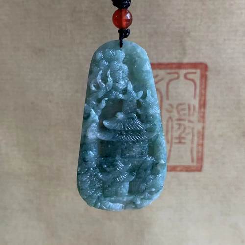 缅甸天然翡翠深蓝色山水牌挂件