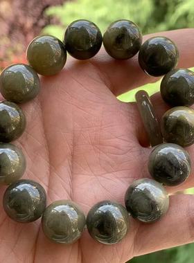 缅甸天然A货翡翠手串黄色黄翡黑色乌鸡圆珠手串14.7mm一物一证