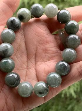 缅甸翡翠手串糯冰黑色灰色半山半水乌鸡手串A货圆珠手链13.7mm