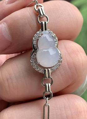 缅甸A货翡翠手链起胶白色淡紫底葫芦13.8/9/4.5mmS925银锆石镶嵌