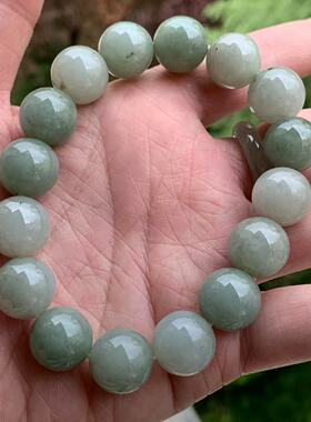 缅甸玉缅甸天然A货翡翠手串油青淡蓝军绿色圆珠手串14mm一物一证