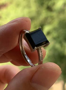 缅甸天然A货翡翠戒指黑色墨翠方形裸石戒指S925银锆石镶嵌活扣