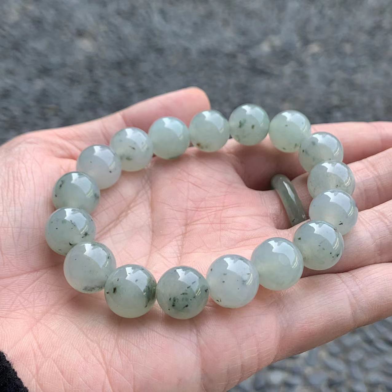 缅甸翡翠手串冰胶蓝色飘花12.5mm