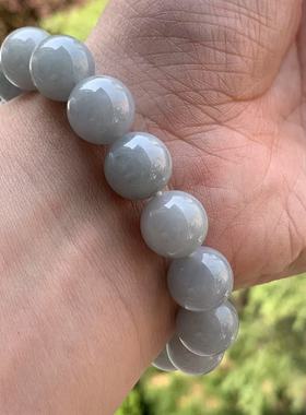 缅甸玉缅甸天然A货翡翠手串浅蓝色灰蓝色圆珠手串12.8mm一物一证