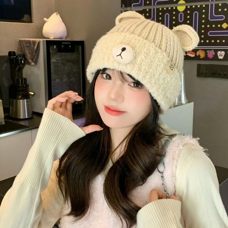 韩版小熊耳朵针织毛线帽子女秋冬季加厚保暖护耳帽显脸小百搭冷帽