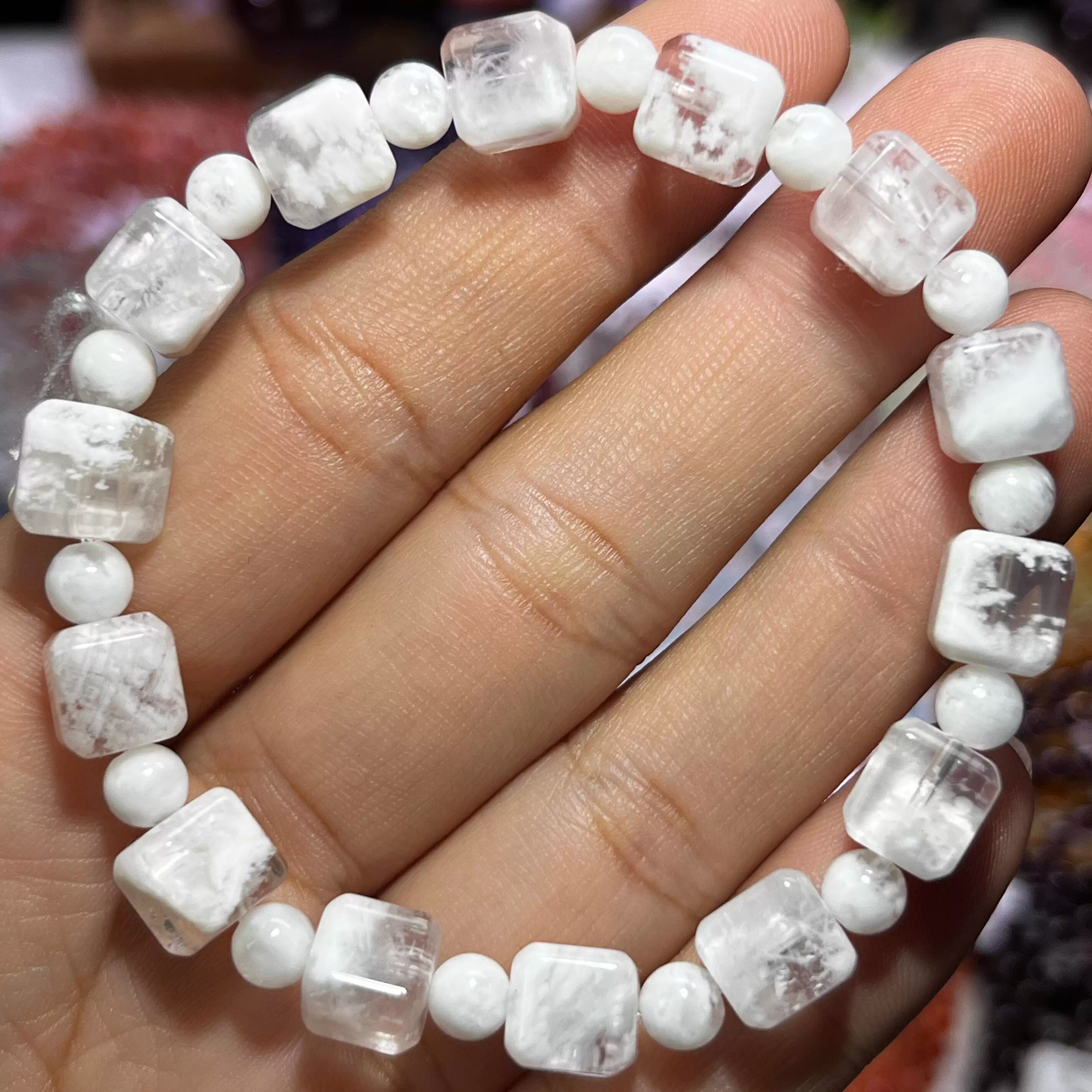 NO.5781天然雪花幽灵方糖手链8mm20g
