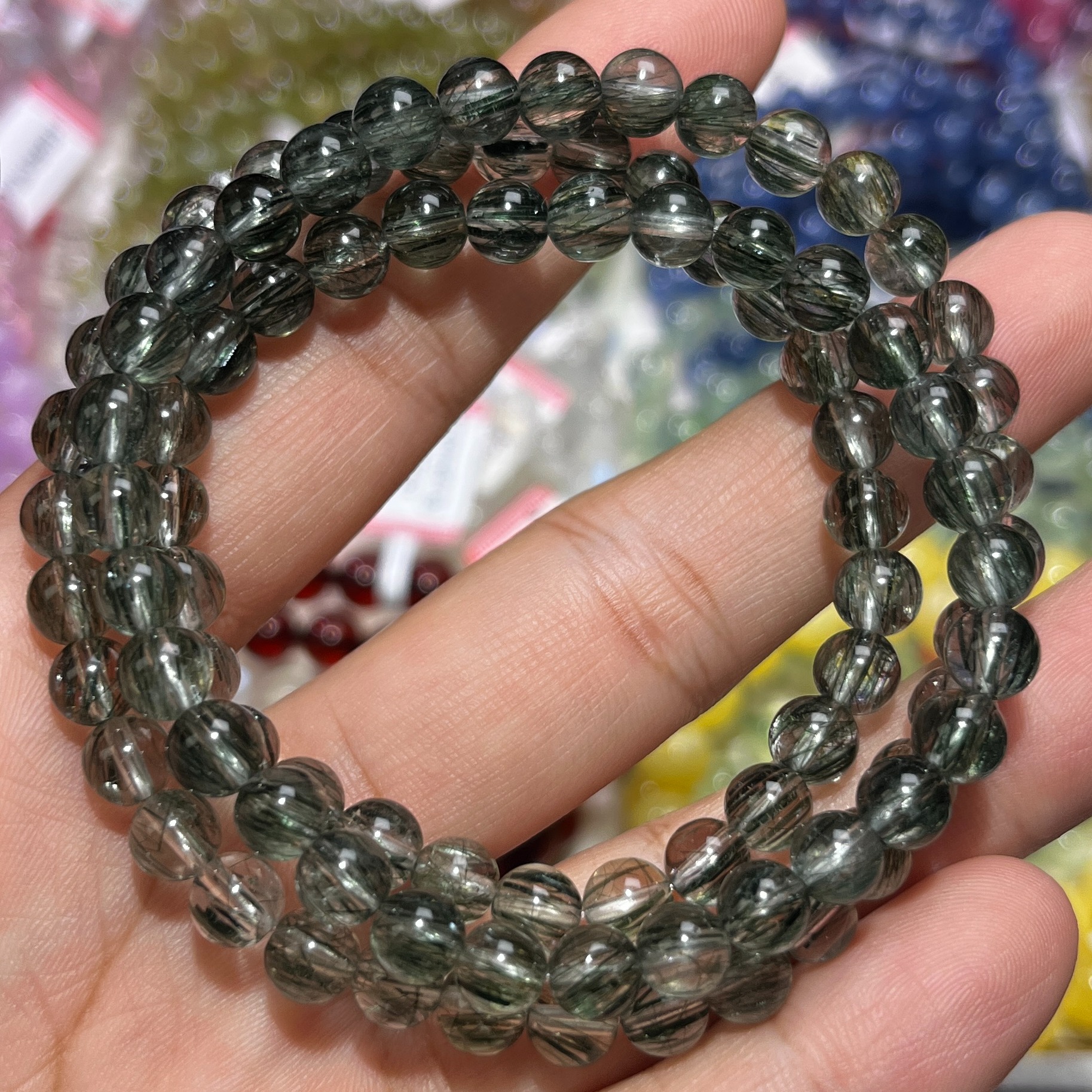 NO.3728天然绿碧玺发晶三圈手链6mm28.8g