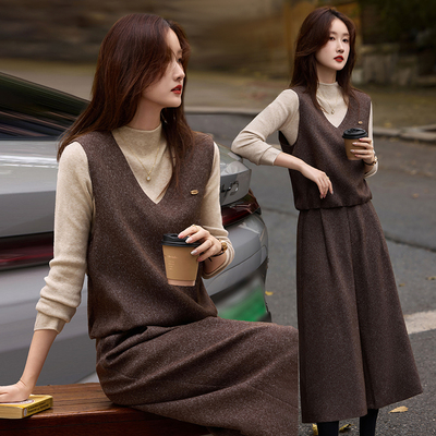 苏醒的乐园气质马甲针织衫阔腿裤套装2025年冬季新款女三件套