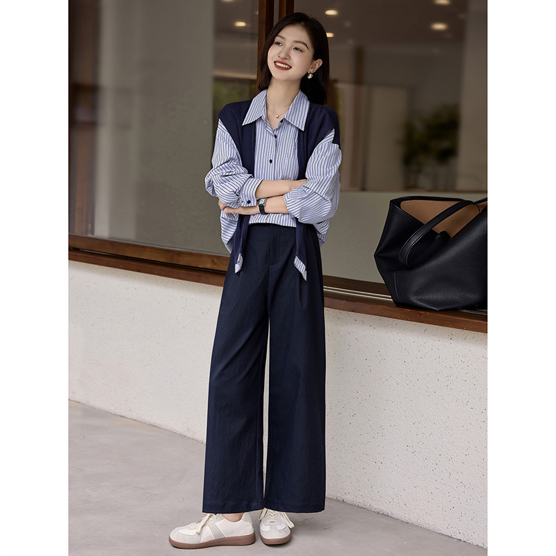 苏醒的乐园2026春季新款休闲通勤披肩条纹衬衫长裤套装女