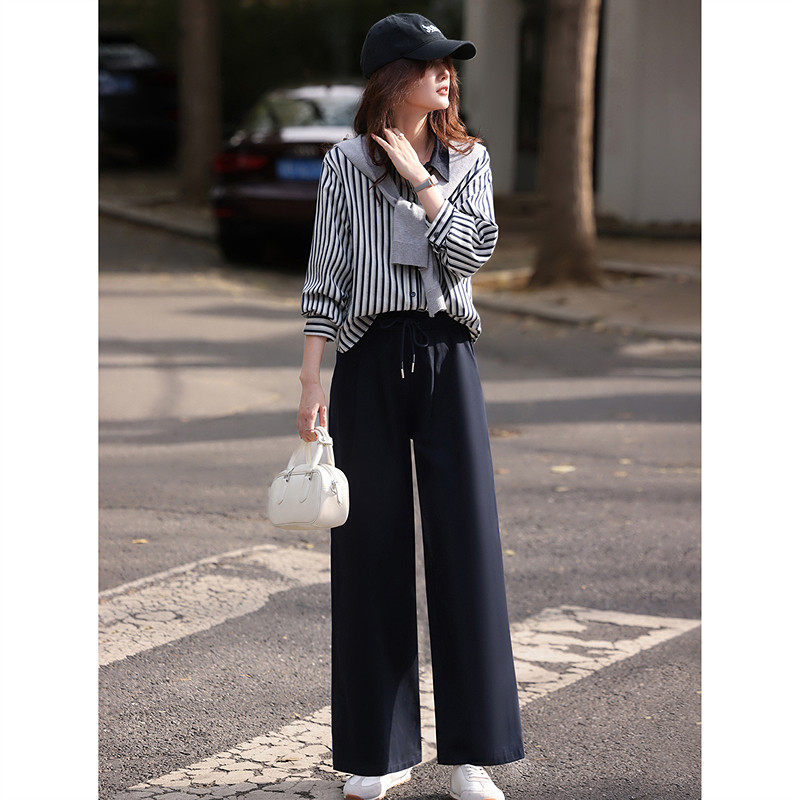 休闲条纹衬衫长裤套装2025年秋季新款女装两件套SXTZJ25128
