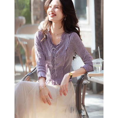 2026年新款春秋气质绑带花边长袖T恤SXT26004