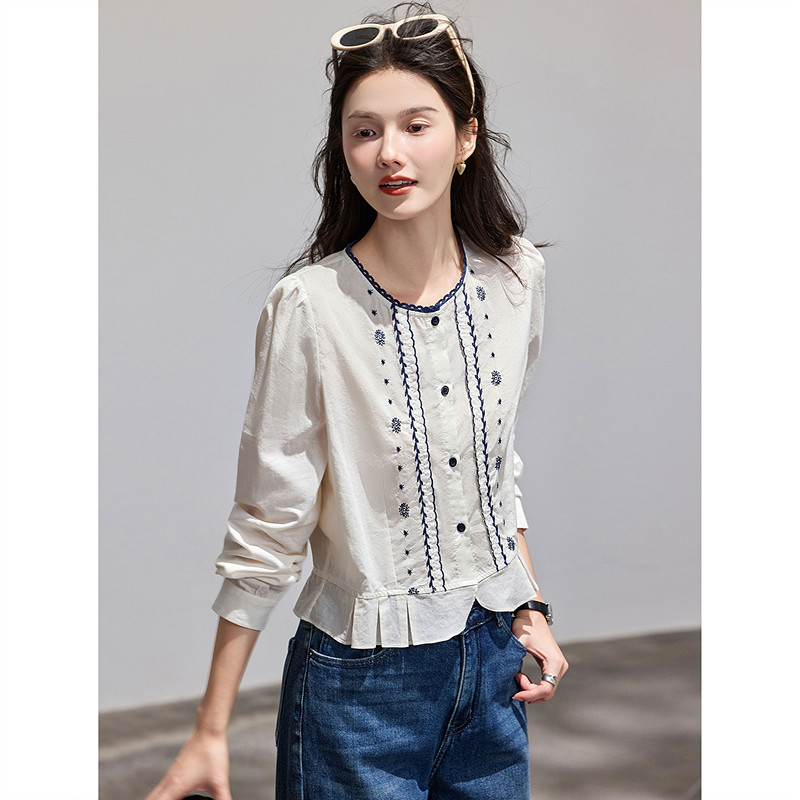 苏醒的乐园2026春季新款纯棉刺绣荷叶边短款长袖衬衫女装上衣
