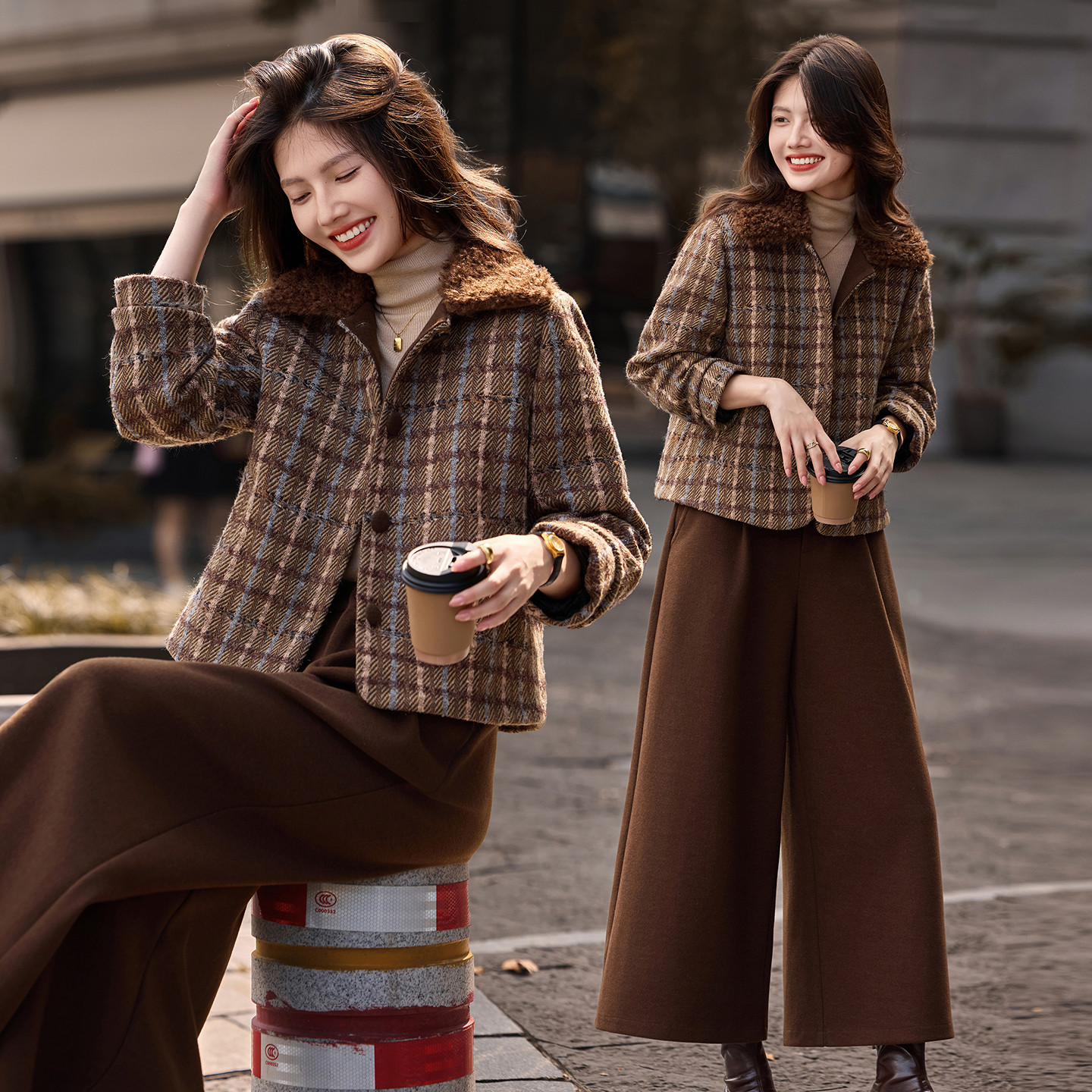 格纹羽绒毛呢大衣阔腿裤套装女年冬季新款女两件套,女装/女士精品,时尚套装,淘宝优惠券,粉丝福利购,淘宝优惠卷