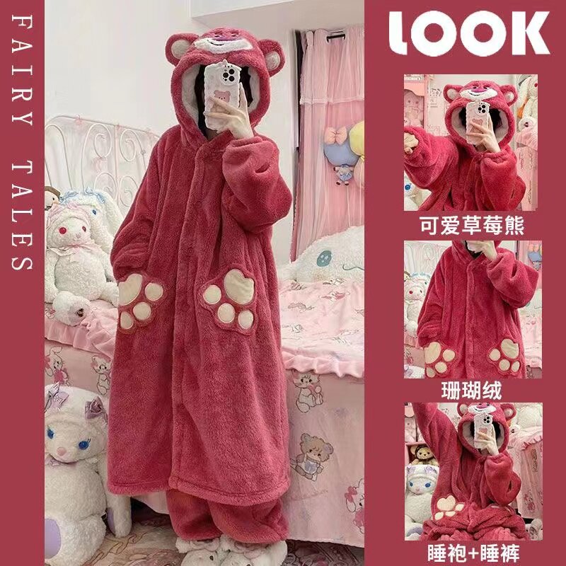 可爱穿珊瑚绒家居服秋冬季法兰绒睡衣学生女睡裙加厚长袖两件套装