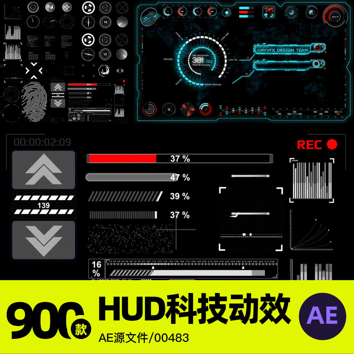 HUD科幻动效图形科技UI界面仪表盘后台动画包AE模板视频设计素材