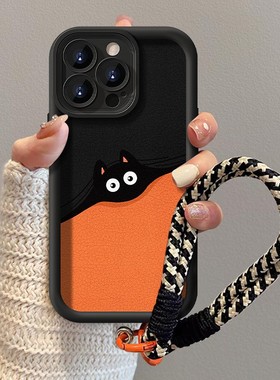 cxk黑色猫咪适用苹果16PRO小羊皮手机壳华为OPPO小米vivo软硅胶15/14