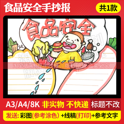 食品安全手抄报模板饮食健康校园食品安全教育主题绘画线稿打印44