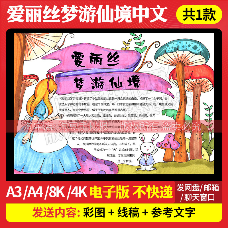爱丽丝梦游仙境漫游奇境记手抄报模板中英文版电子版线稿打印207
