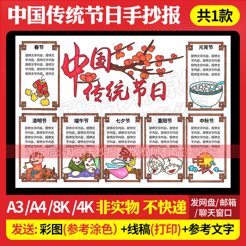 中国传统节日手抄报模板思维导图元宵清明端午习俗电子版线稿492