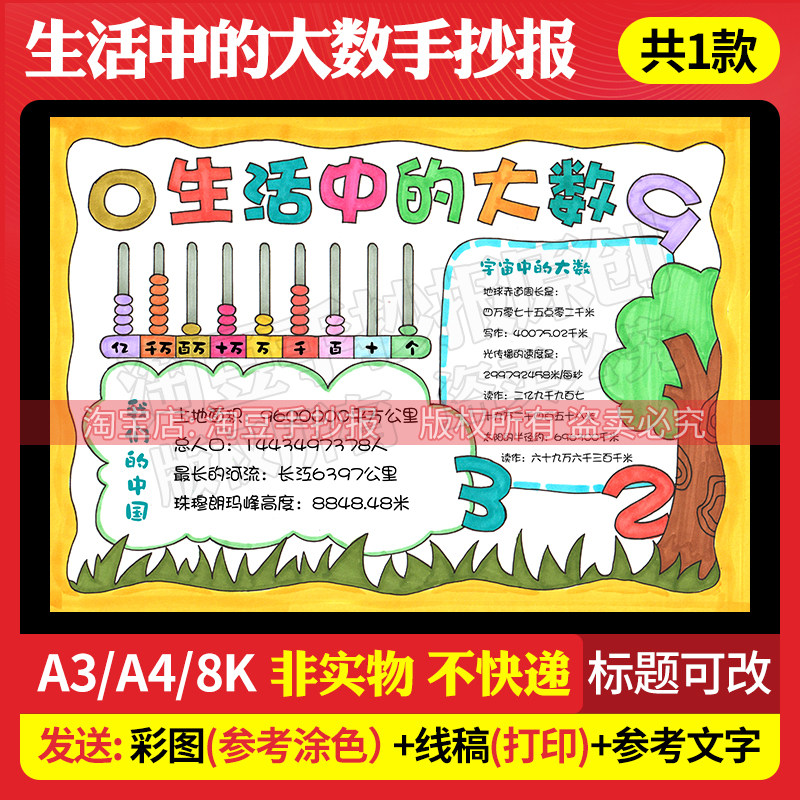 生活中的大数手抄报模板大数的认识电子版线稿数学小报打印351