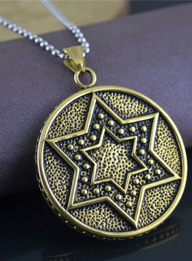 日韩版六芒星复古个性圆形吊坠项坠男女短款锁骨项链首饰品STN793