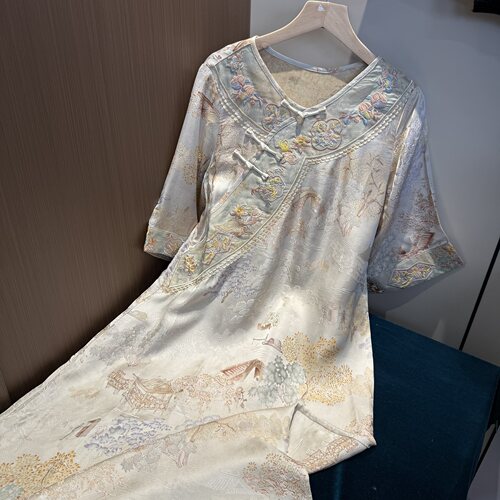 新中式改良中式斜襟春夏季女装宽松连衣裙-