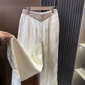 老料定制腰封提花纹理松紧腰休闲香槟白女阔腿裤