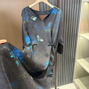 气质款龟裂纹复古改良汉服女夏季新款真丝感盘扣宽松连衣裙