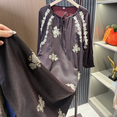 复古刺绣香云纱连衣裙女显瘦气质新中式国风长裙