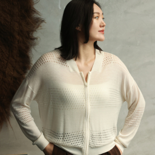 外搭简约素色日常通勤休闲穿搭 针织镂空真丝羊绒开衫 楠妈家 春季