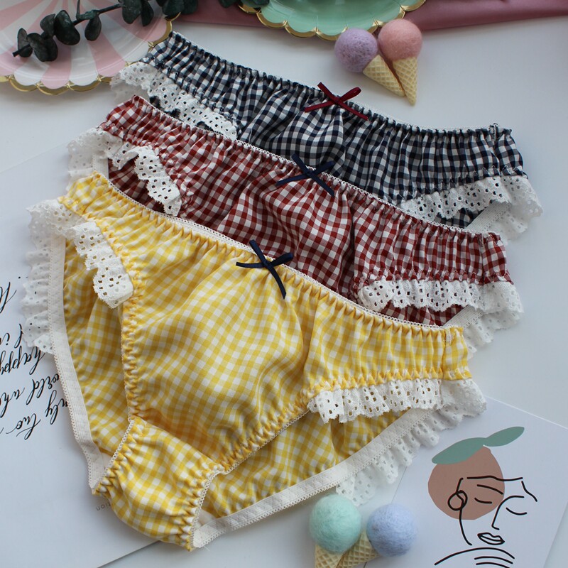 49r1小葱内衣格子内裤少女三角裤中腰可爱胖次二次元田园洛丽塔蓝