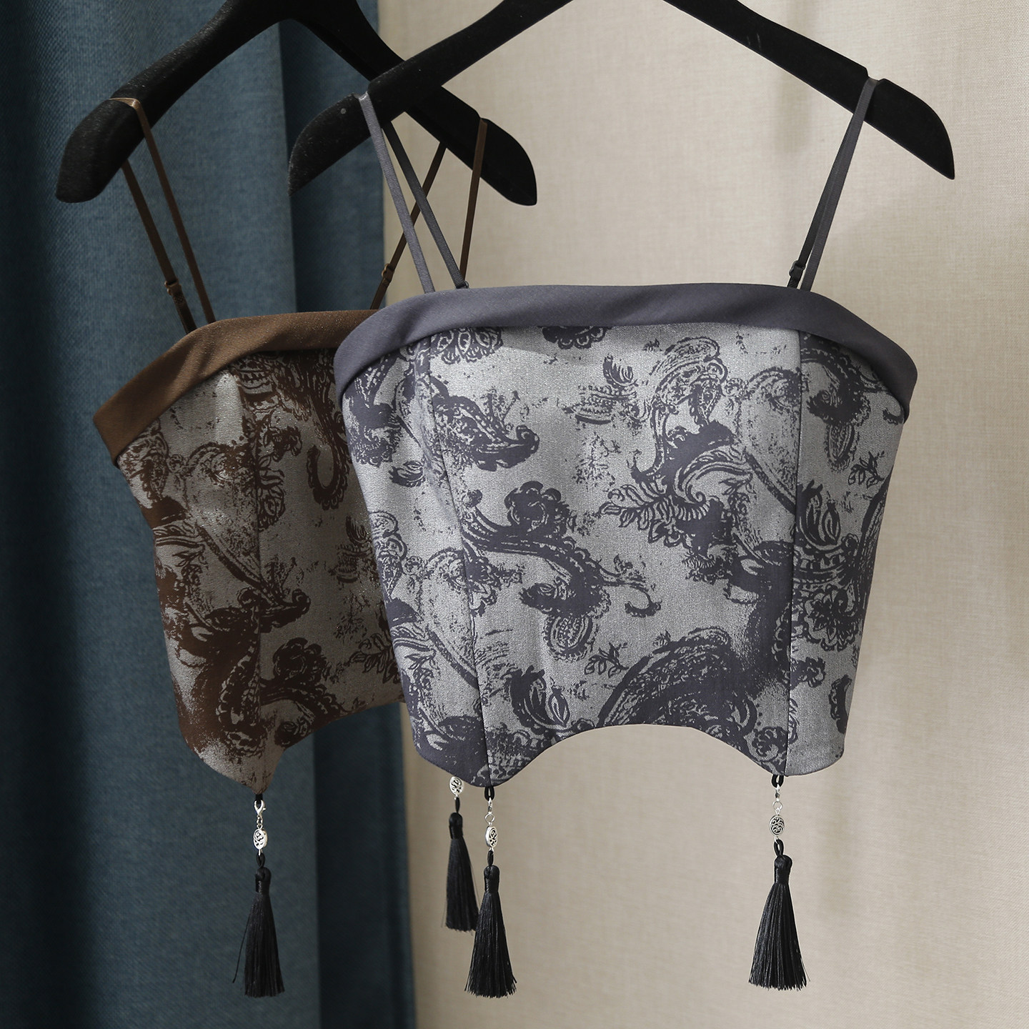 法式复古印花流苏挂饰内搭上衣不对称民族风可外穿显瘦抹胸吊带女