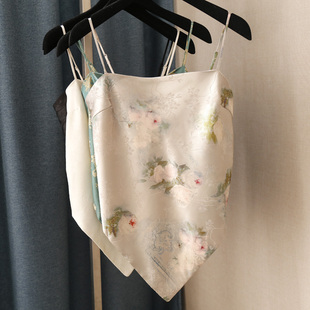 印花吊带背心女装 新款 提花光滑缎面蝴蝶结一字肩露肩性感绑带短款