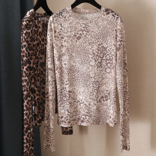 百搭通勤蕾丝网纱衫 豹纹印花防晒外搭上衣圆领套头长袖 女 经典 夏季