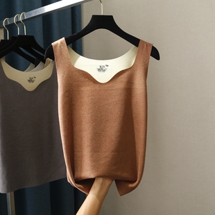 2025春秋新款女装上衣 纯色修身德绒海鸥领v领无袖内搭背心吊带