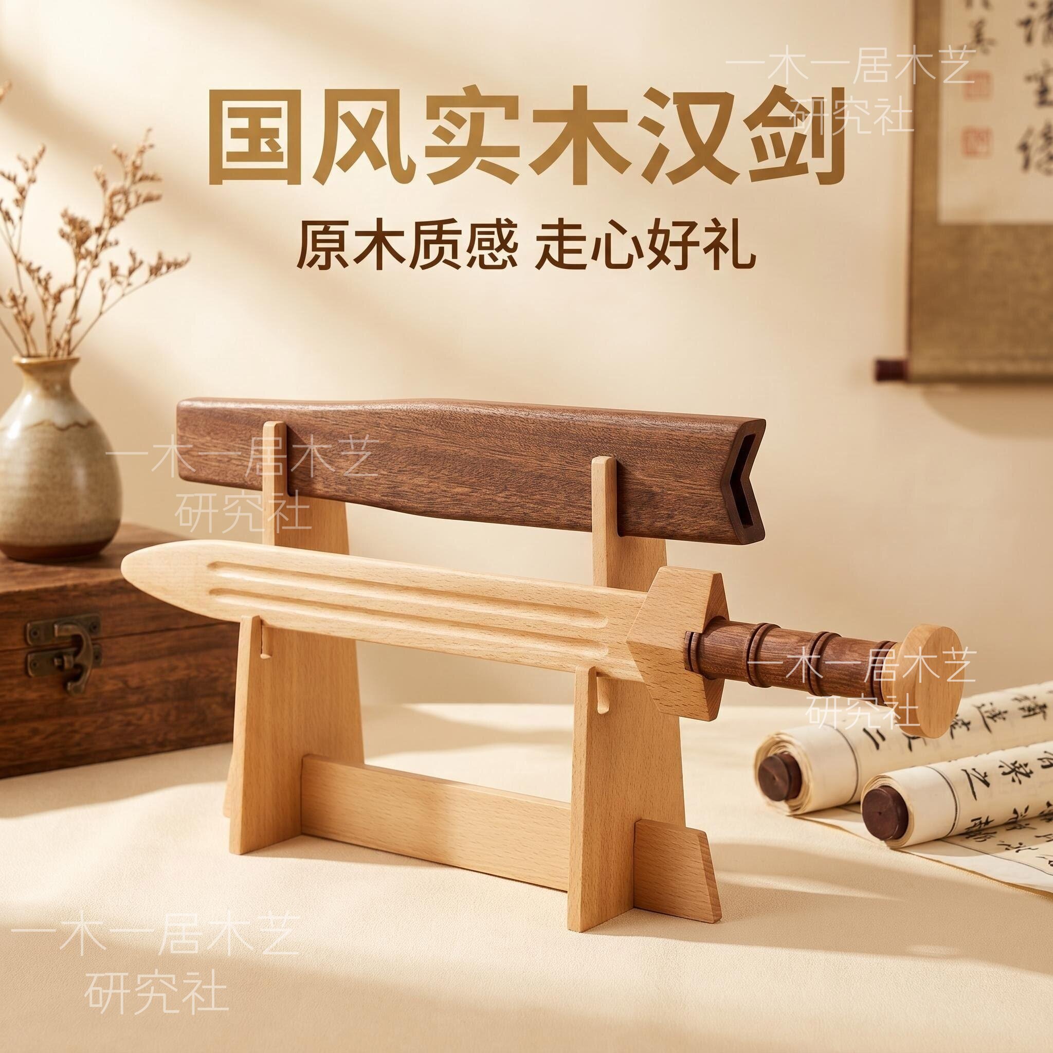 国风原木汉剑造型摆件 榉木乌檀木手工打磨无尖无刃亲子互动玩具