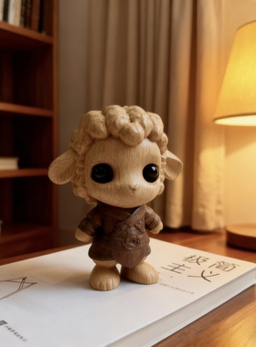 实木大眼卷毛小羊木雕家居摆件萌趣可爱生日礼物创意伴手礼桌面