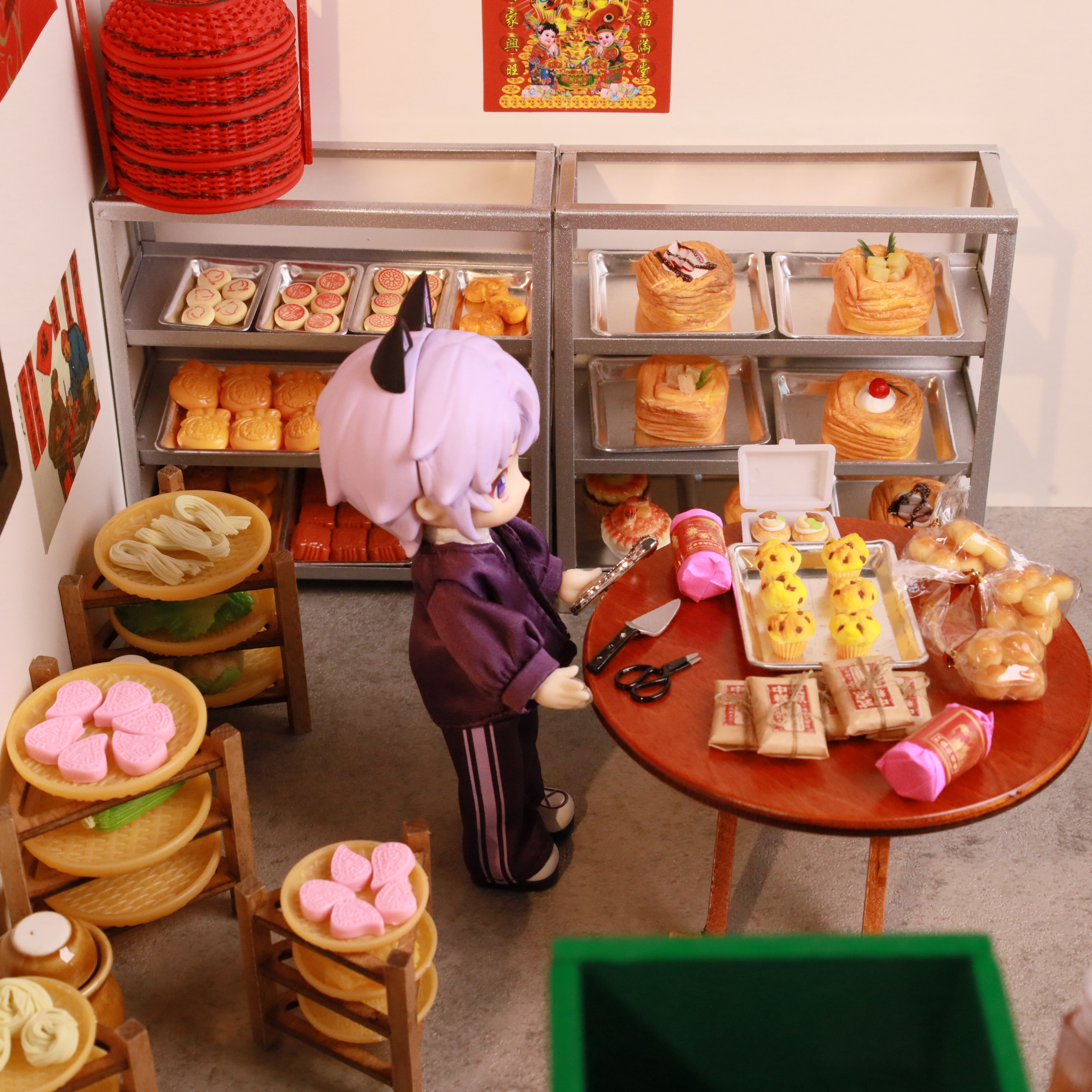 迷你微缩仿真模型中式糕点饼屋面包架晾晒月饼娃屋场景配件