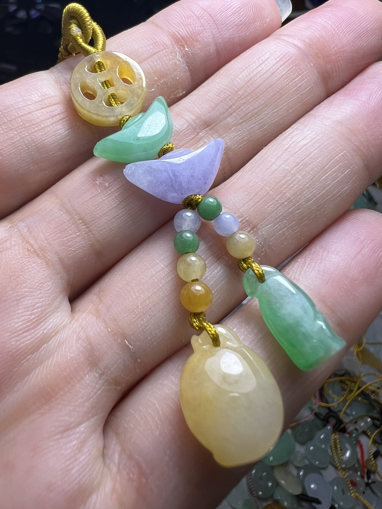 天然缅甸a货翡翠三彩紫罗兰黄翡铜钱元宝桃心手链手机链