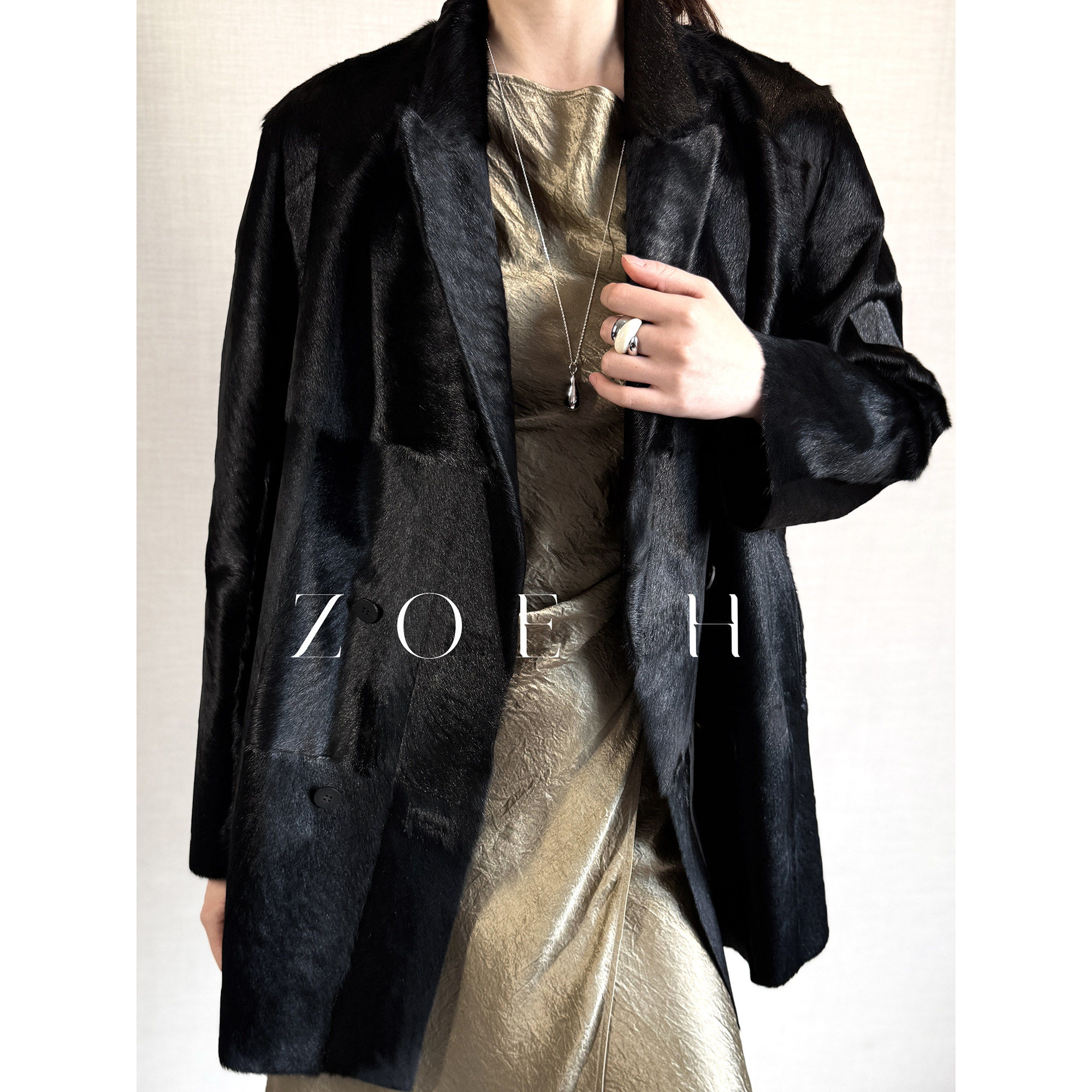 Zoehope 小小小山羊皮毛一体修身显瘦中长款双排扣西装皮草外套女