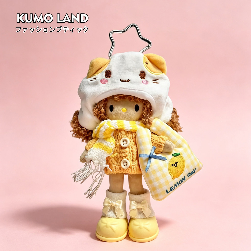 日本KUMO LAND毛绒kitty猫包包挂件黄色毛衣卷发大长腿kt猫挂饰图片