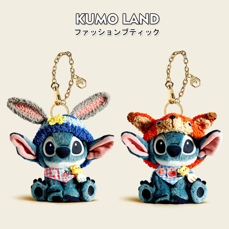 日本KUMO LAND包包挂件史迪仔牛仔毛绒狐狸公仔钥匙扣书包挂饰