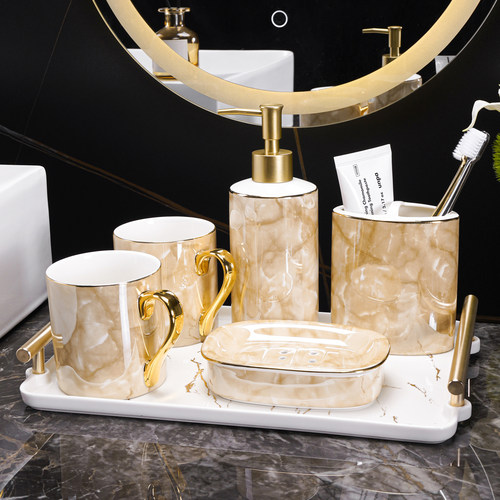 高档石纹五件套牙缸轻奢刷牙杯