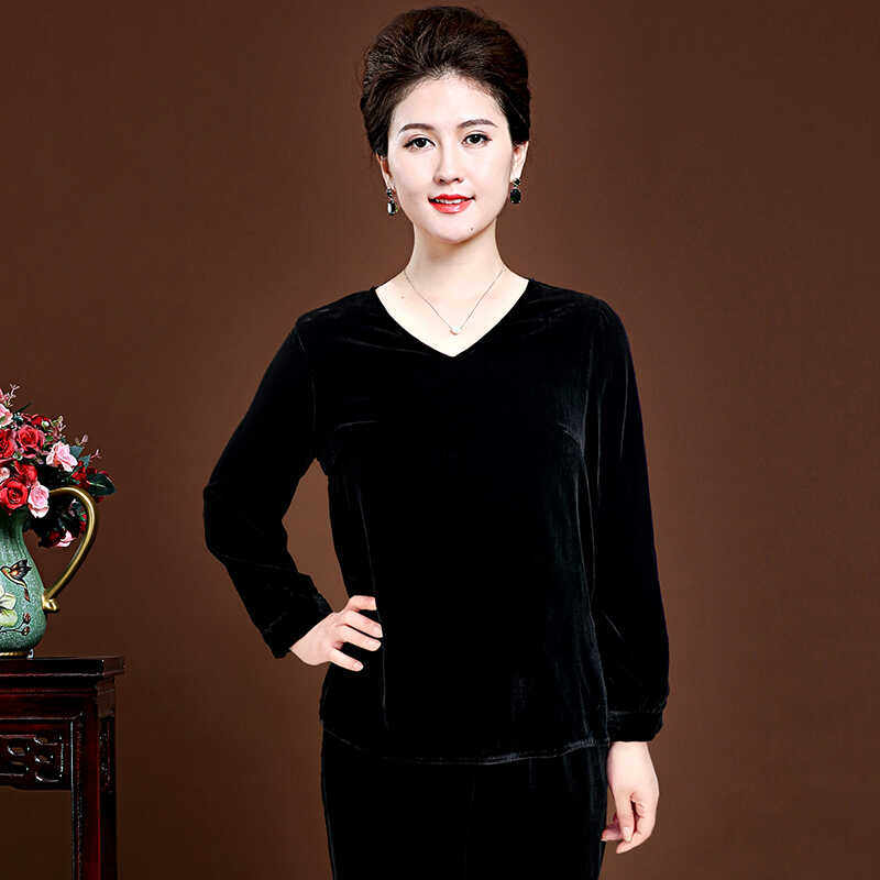 8055新品桑蚕丝长袖小衫黑色圆领真丝丝绒上衣宽松简约V领淑女装