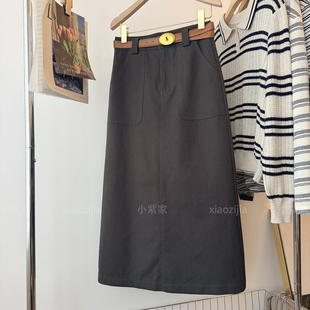 灰色高腰a字大口袋装饰天丝棉中长款半身裙女秋新款后开衩一步裙