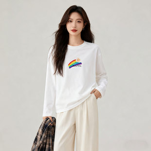 早秋单穿纯棉白色长袖T恤女宽松内搭上衣秋冬厚实打底衫春秋衣服