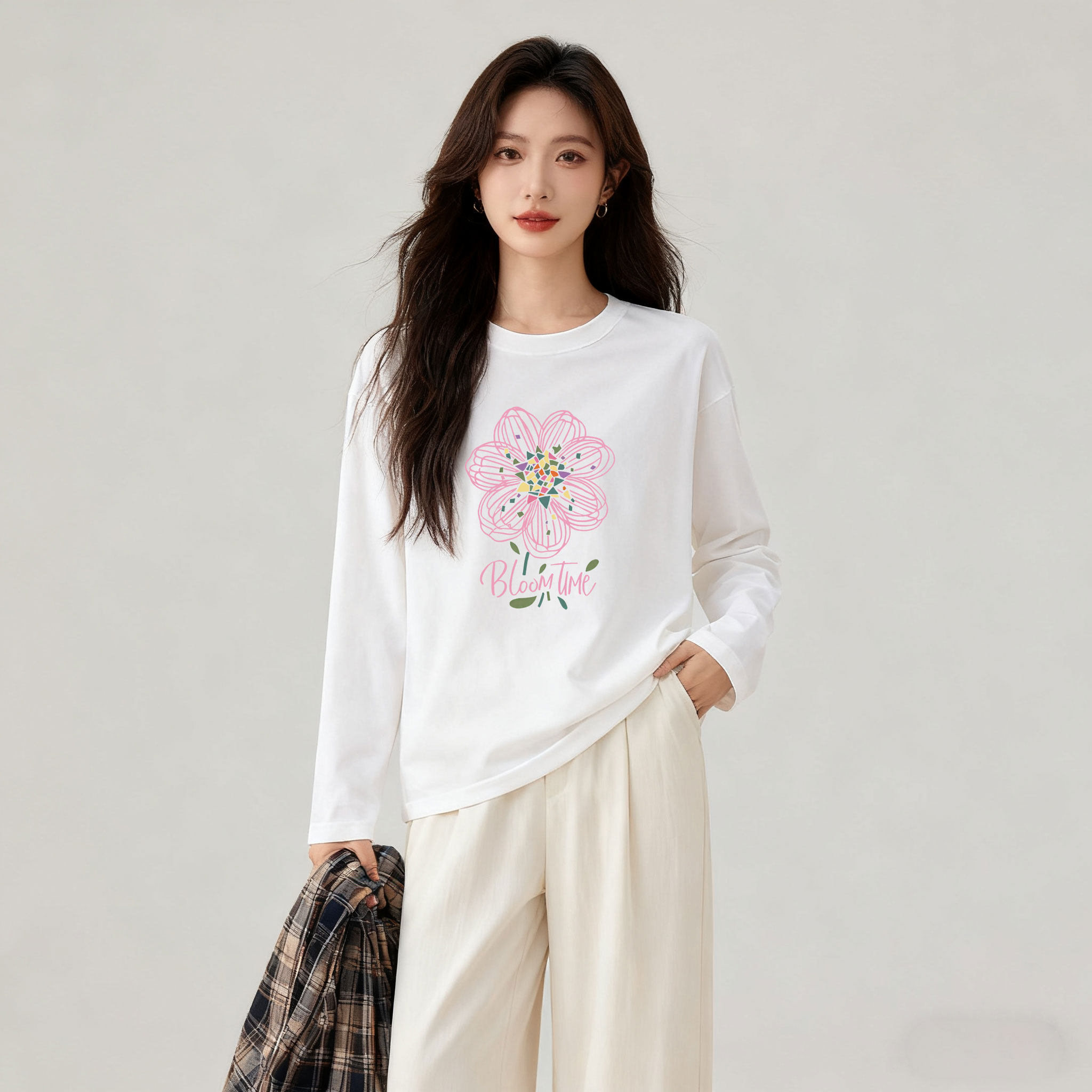 早秋纯棉白色长袖t恤女款圆领内搭上衣宽松大码显瘦遮肚子打底衫