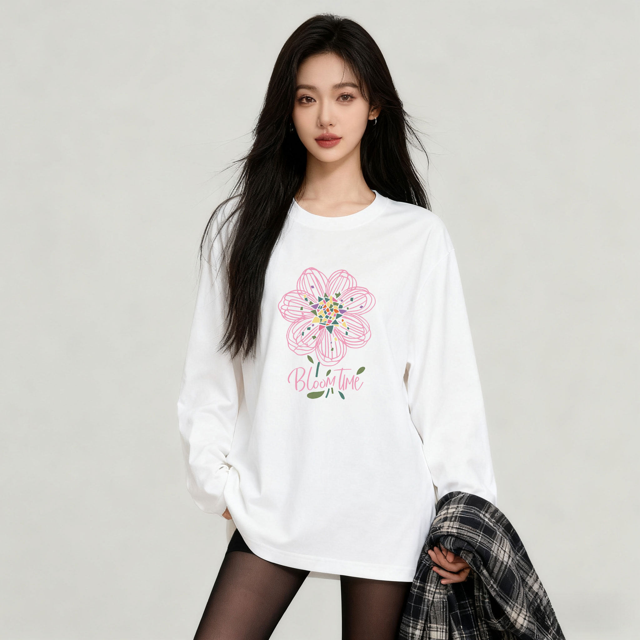 秋季纯棉长袖t恤女宽松圆领休闲上衣春秋外穿秋冬白色打底衫韩版