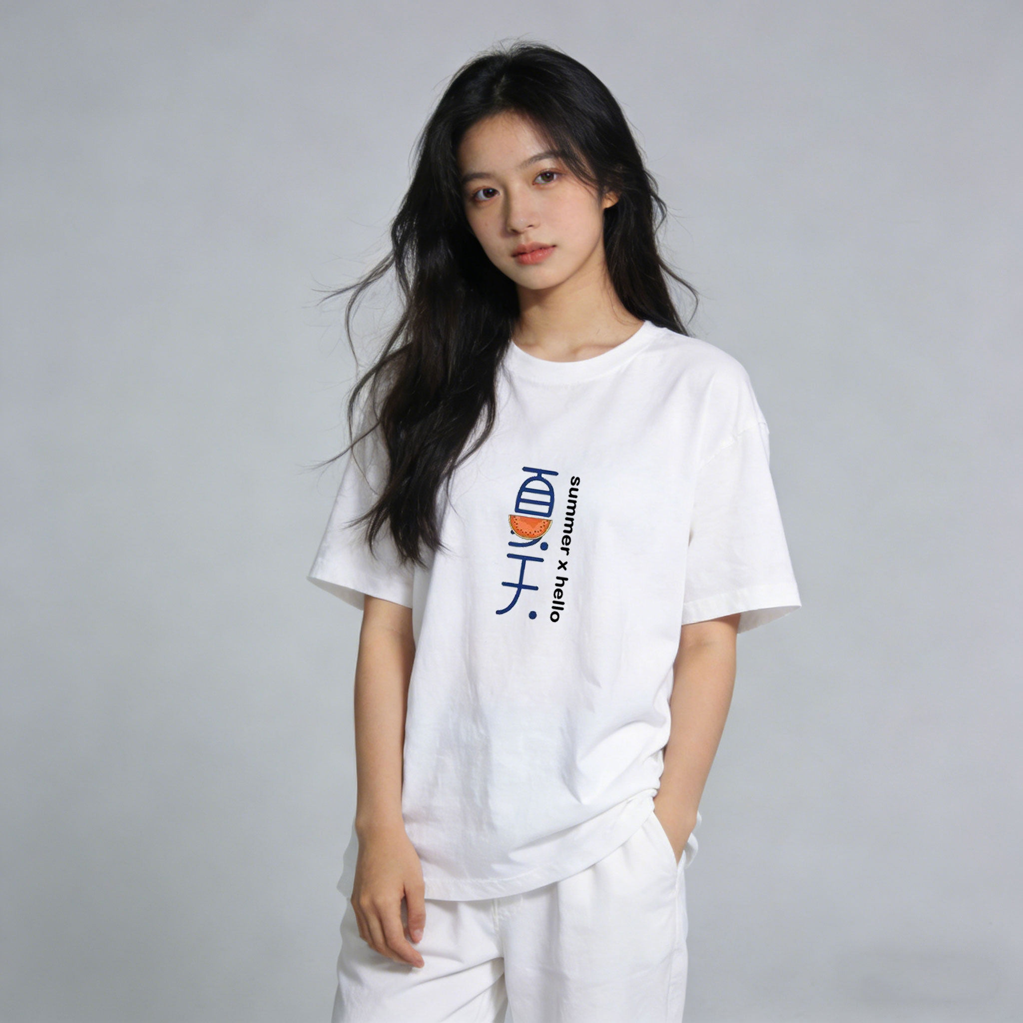 夏季纯棉宽松印花白色短袖T恤女